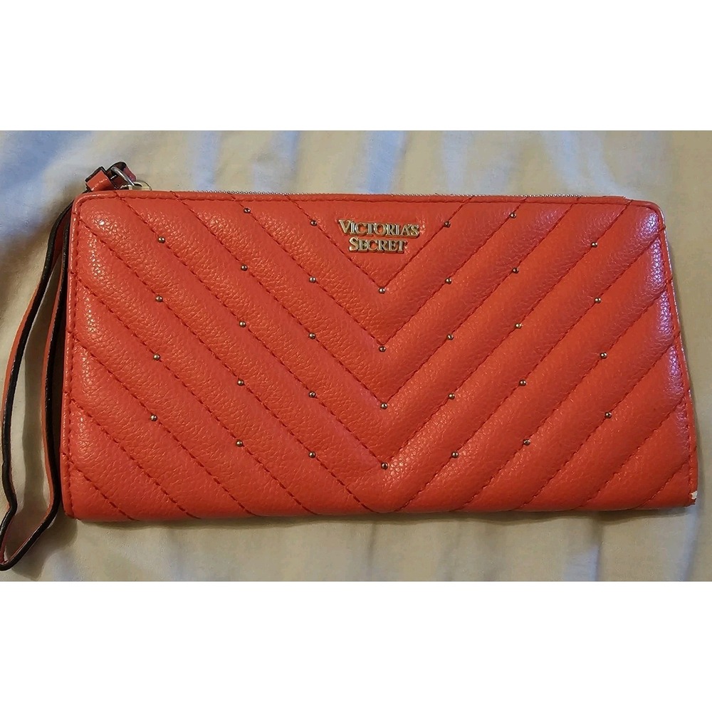 Victoria's Secret Rhinestones Faux Wallet Zipper Wristlet HandBag Leather - Red